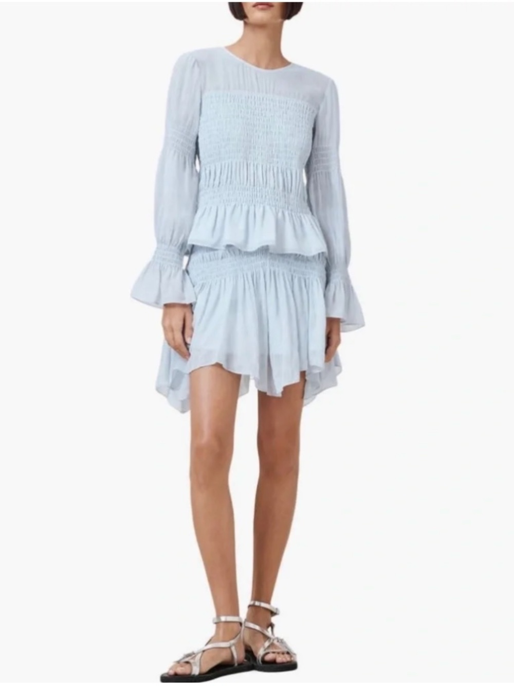 All Saints Pamela Smocked Ruffle Top in Plein Air Blue Size 6